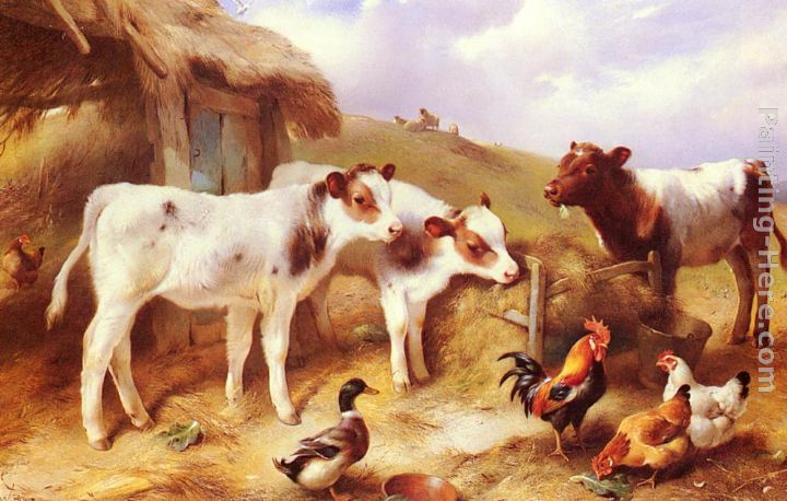 Calves, Chicken and a Duck painting - Walter Hunt Calves, Chicken and a Duck art painting
